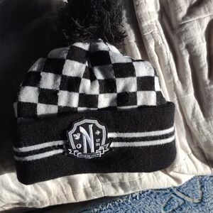 Black and White Checkered Pom-Pom Beanie